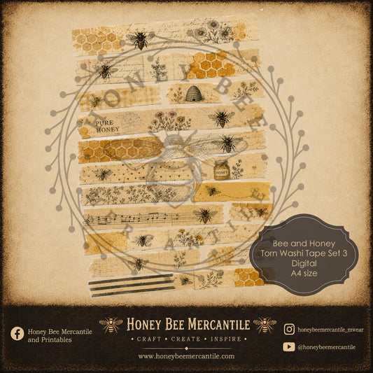 Bee and Honey Torn Washi Tape, A4 size, Digital Download, Printable, Decoupage, Vintage, Primitive, Set 3