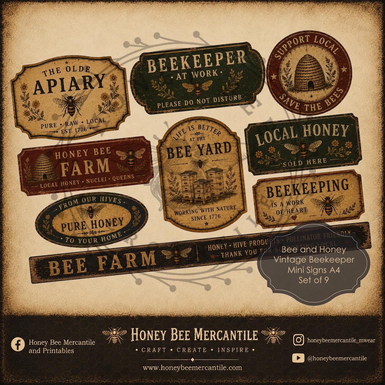Bee and Honey Vintage Bookeeper Mini Signs, A4 size, Digital Download, Printable, Decoupage, Vintage, Primitive