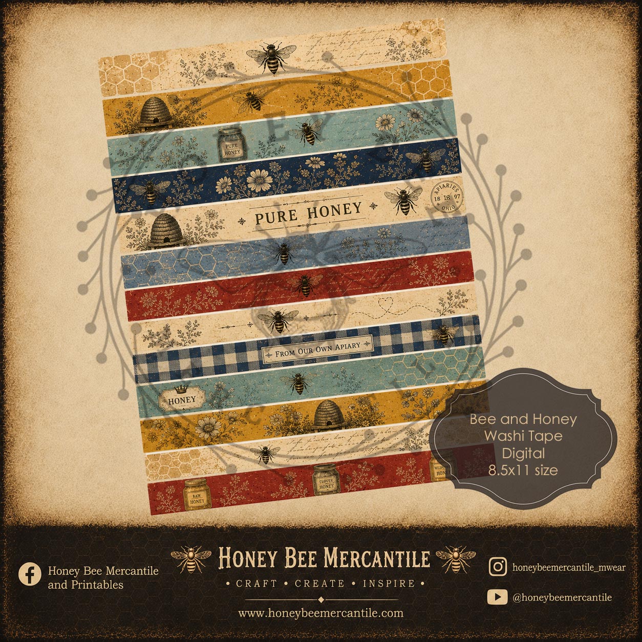 Bee and Honey Washi Tape, 8.5x11 size, Digital Download, Printable, Decoupage, Vintage, Primitive