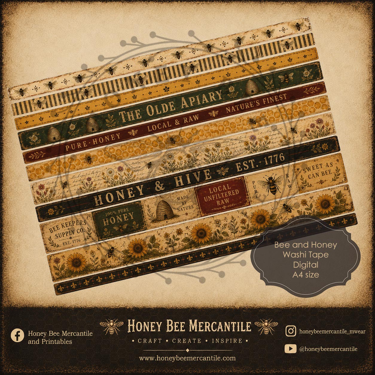 Bee and Honey Washi Tape, A4 size, Digital Download, Printable, Decoupage, Vintage, Primitive, Set 1