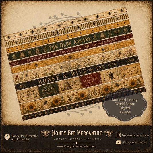 Bee and Honey Washi Tape, A4 size, Digital Download, Printable, Decoupage, Vintage, Primitive, Set 1