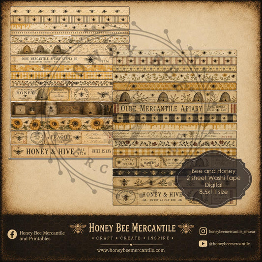 Bee and Honey Washi Tape, 8.5x11 size, Digital Download, Printable, Decoupage, Vintage, Primitive, Set of 2