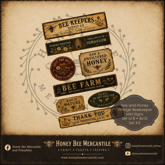 Beekeeper Mini Signs Collection, Set of 8, 8x10, Digital Download, Printable, Decoupage, Vintage, Primitive, Set#2