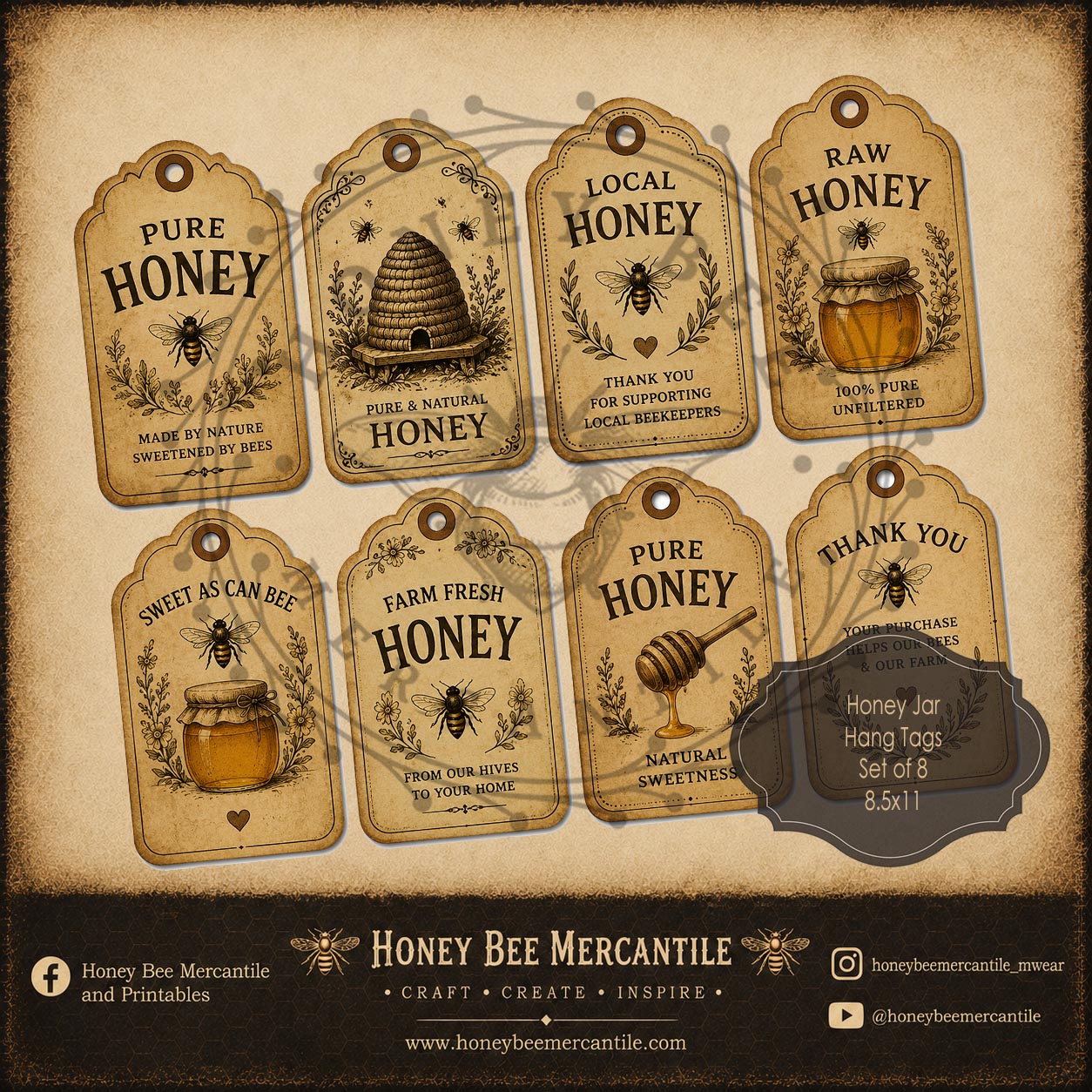 Honey Jar Hang Tags, Set of 8, Digital Download, Printable, Decoupage, Vintage, Primitive