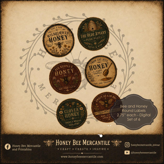 Round Bee and Honey Labels, 2.75 inch, Set of 6, Digital Download, Printable, Decoupage, Vintage, Primitive