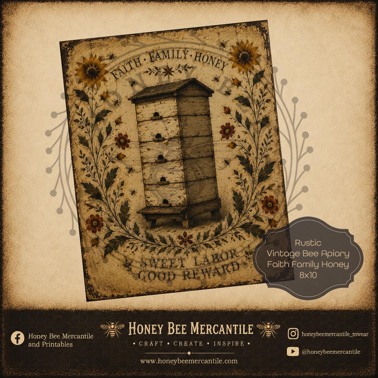 Rustic Bee Apiary, Faith Family Honey, 8x10, Digital Download, Printable, Decoupage, Vintage, Primitive