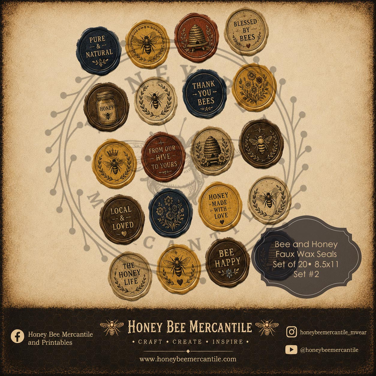Bee and Honey Faux Wax Seals, Digital Download, Printable, Decoupage, Vintage, Primitive, Set 2