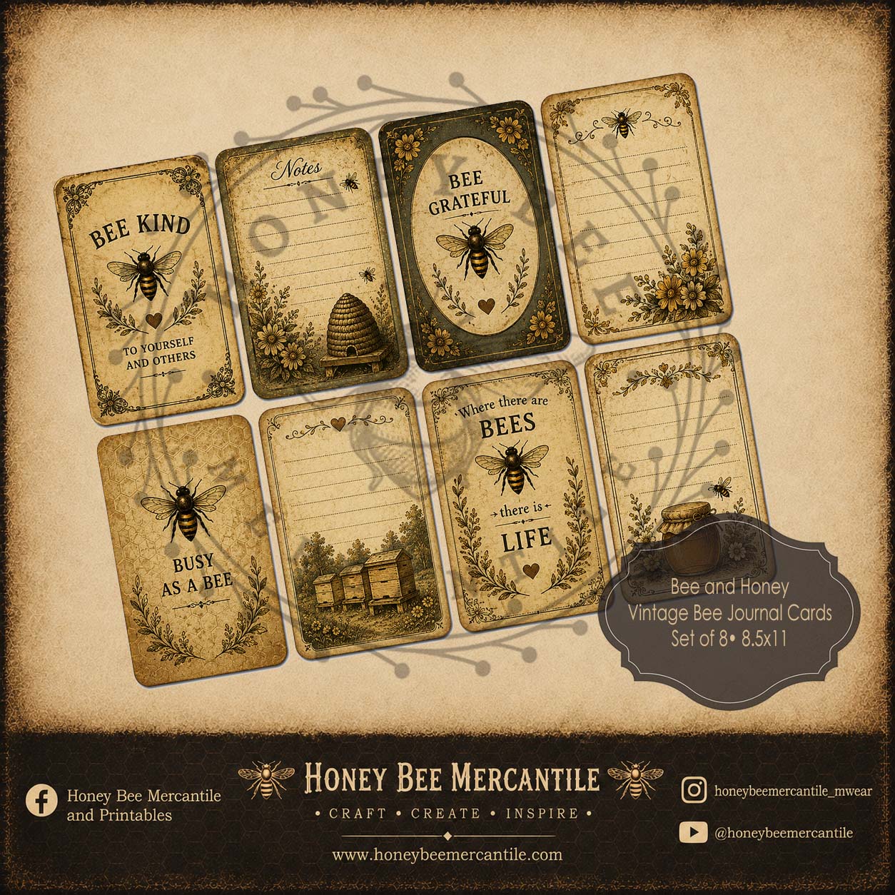 Vintage Bee Journal Cards, Set of 8, Digital Download, Printable, Decoupage, Vintage, Primitive