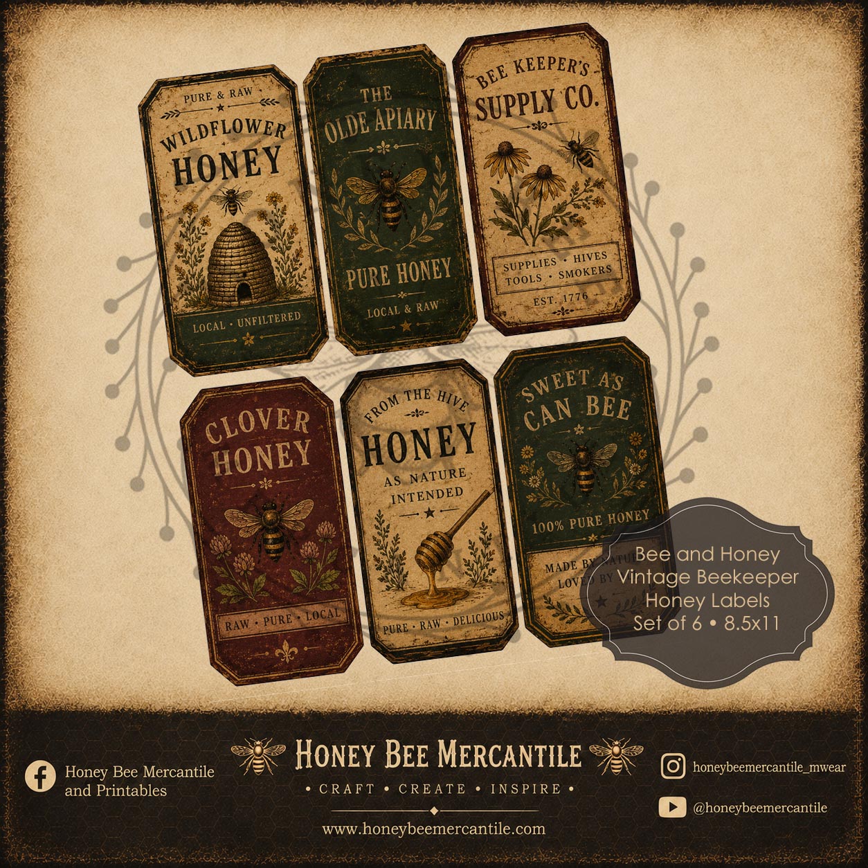 Vintage Bee Journal Cards, Set of 6, Digital Download, Printable, Decoupage, Vintage, Primitive