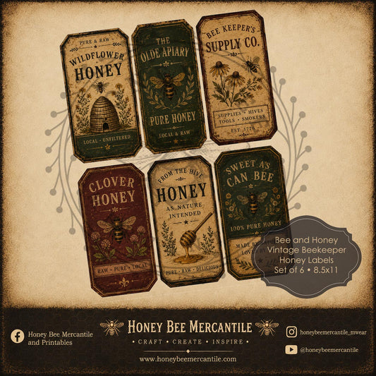 Vintage Bee Journal Cards, Set of 6, Digital Download, Printable, Decoupage, Vintage, Primitive