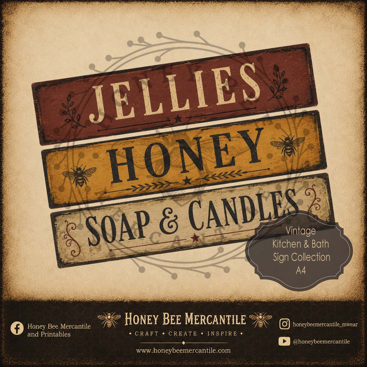 Vintage Kitchen and Bath Sign Collection, A4 size, Digital Download, Printable, Decoupage, Vintage, Primitive
