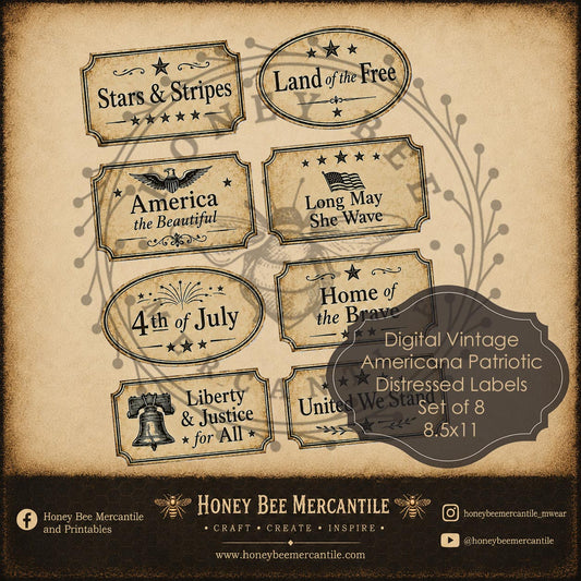 Americana Patriotic Distressed Labels, Set of 8, Digital Download, Printable, Decoupage, Vintage, Primitive