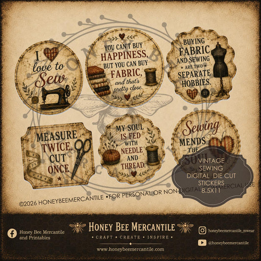 Vintage Sewing Die Cut Stickers, Digital Download, Printable, Decoupage, Primitive, Craft Supplies