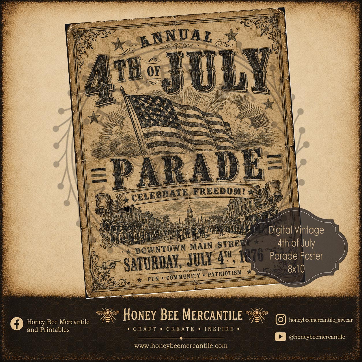 4th of July Parade Poster, 8x10, Digital Download, Printable, Decoupage, Vintage, Primitive