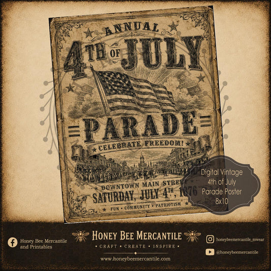 4th of July Parade Poster, 8x10, Digital Download, Printable, Decoupage, Vintage, Primitive