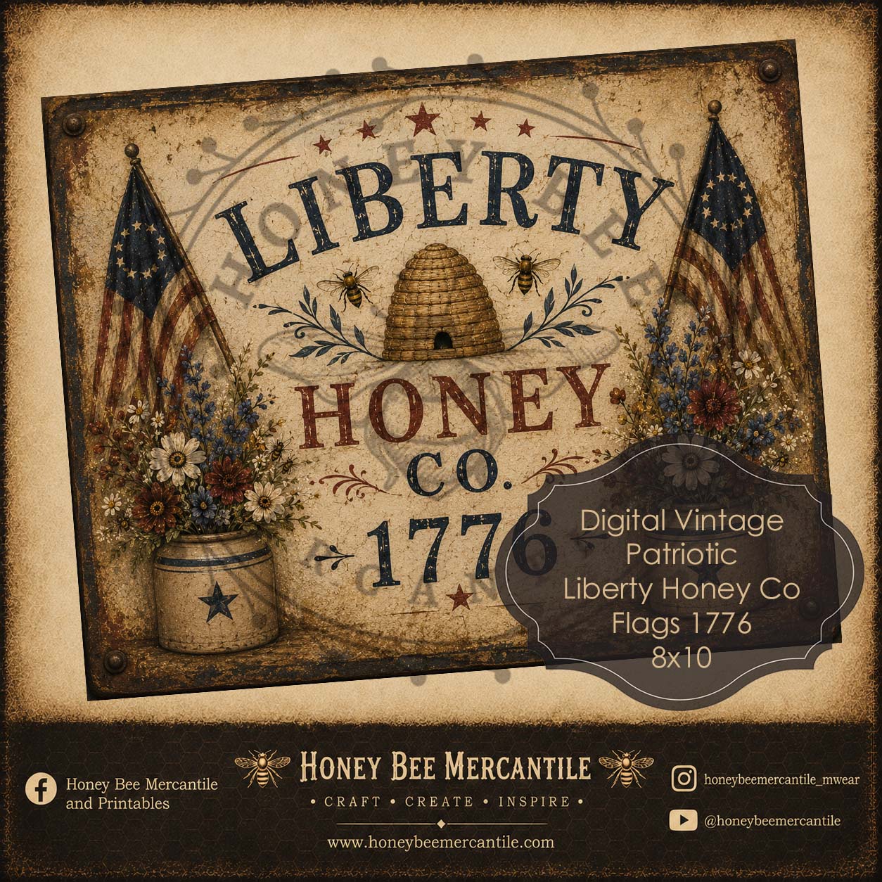 Liberty Honey Co 1776 Flags, 8x10, Digital Download, Printable, Decoupage, Vintage, Primitive