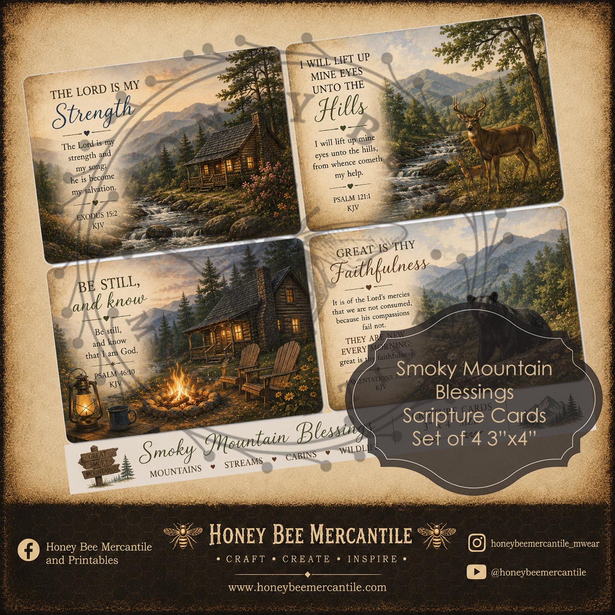 Smoky Mountain Scripture Cards, Set of 4, 3x4, Primitive, Digital Download, Vintage Digital Cards