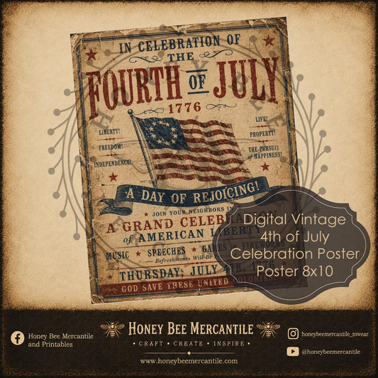 4th of July Celebration Poster, 8x10, Digital Download, Printable, Decoupage, Vintage, Primitive