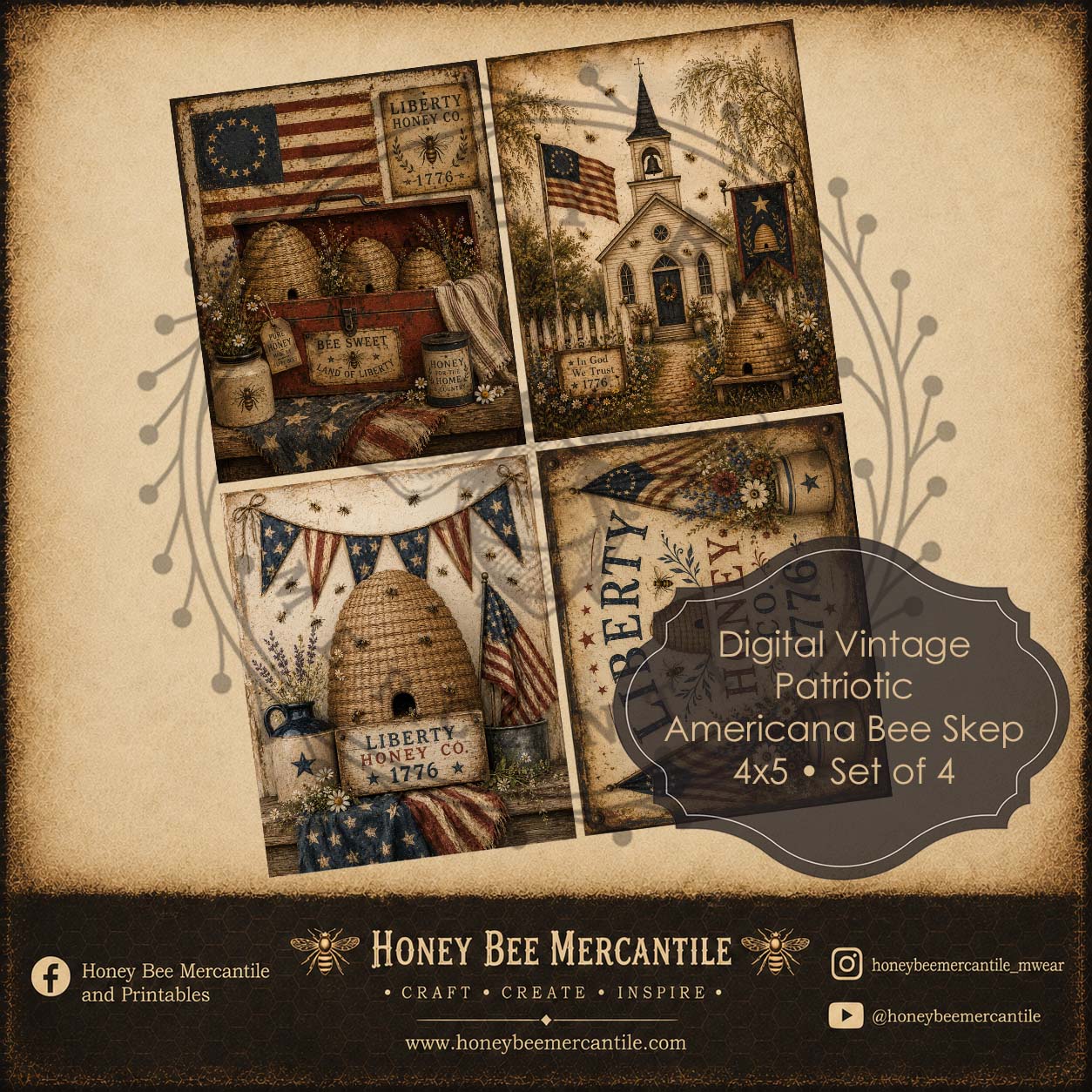 American Patriotic Bee Skep, Set of 4, 4x5 inch, Digital Download, Printable, Decoupage, Vintage, Primitive
