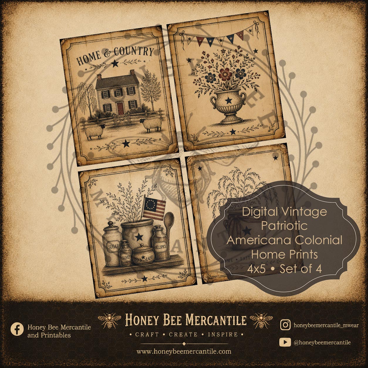 American Patriotic Colonial Home Prints, Set of 4, 4x5 inch, Digital Download, Printable, Decoupage, Vintage, Primitive, Set 1