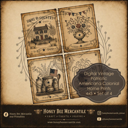 American Patriotic Colonial Home Prints, Set of 4, 4x5 inch, Digital Download, Printable, Decoupage, Vintage, Primitive, Set 1