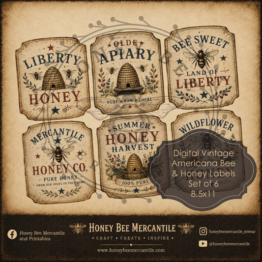 Americana Bee and Honey Labels, Set of 6, Digital Download, Printable, Decoupage, Vintage, Primitive