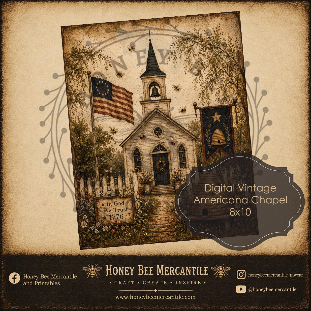 Americana Chapel, 8x10, Digital Download, Printable, Decoupage, Vintage, Primitive