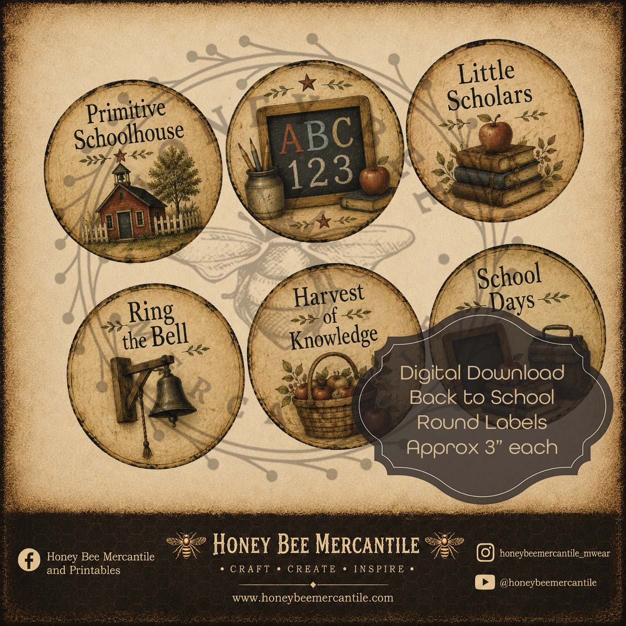 Back to School, Round Labels, Set of 6, Approx 3 Inch round, Digital Download, Printable, Decoupage, Craft Supplies