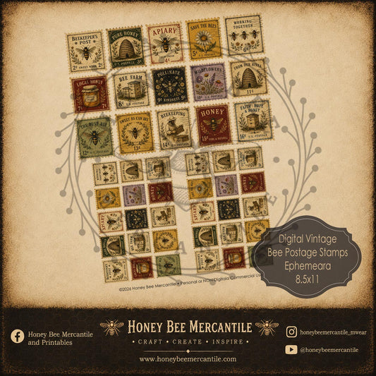 Bee Postage Stamps, Ephemera, Digital Download, Printable, Decoupage, Vintage, Primitive