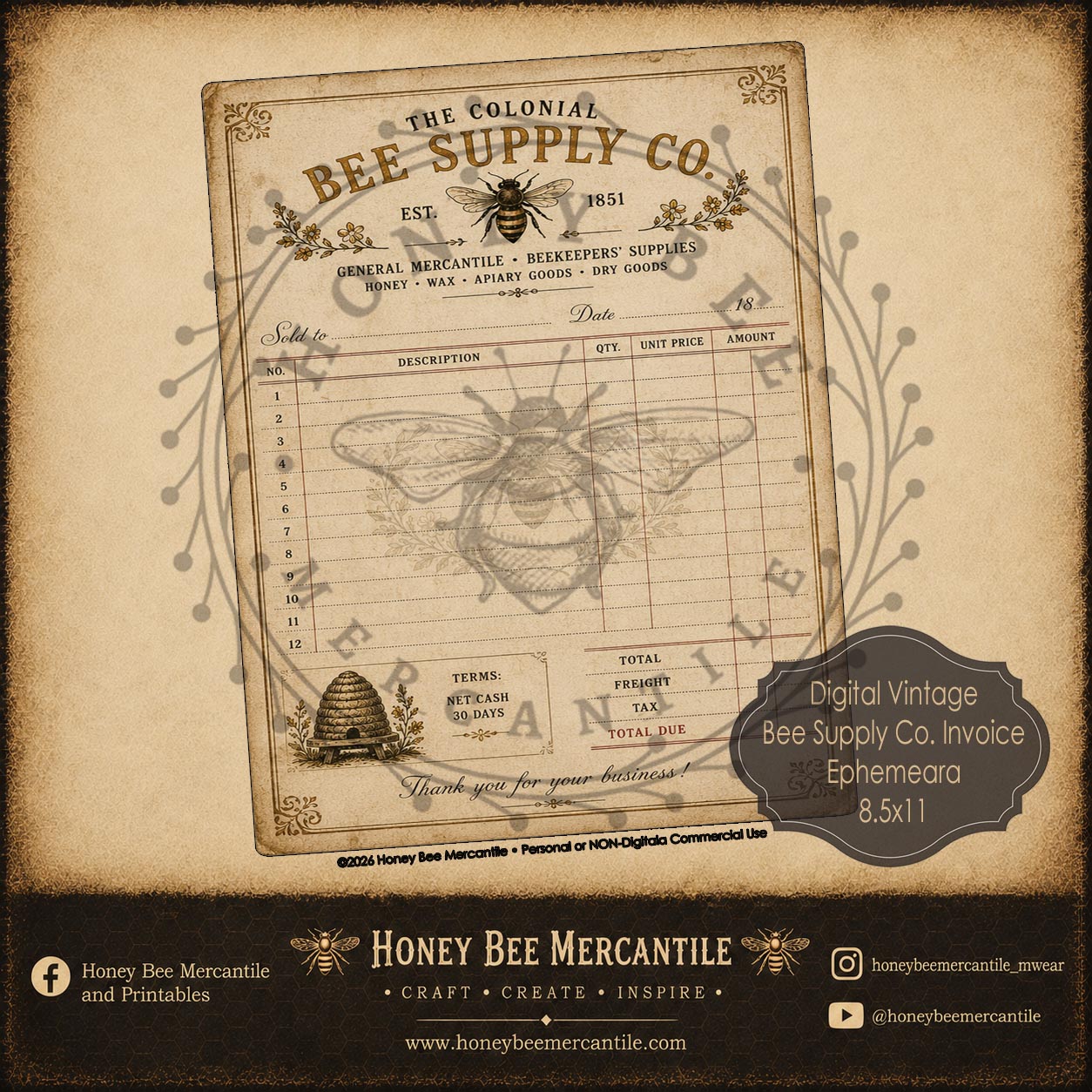 Bee Supply Co Invoice, Ephemera, 8x10, Digital Download, Printable, Decoupage, Vintage, Primitive