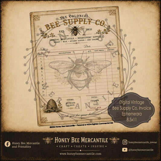 Bee Supply Co Invoice, Ephemera, 8x10, Digital Download, Printable, Decoupage, Vintage, Primitive