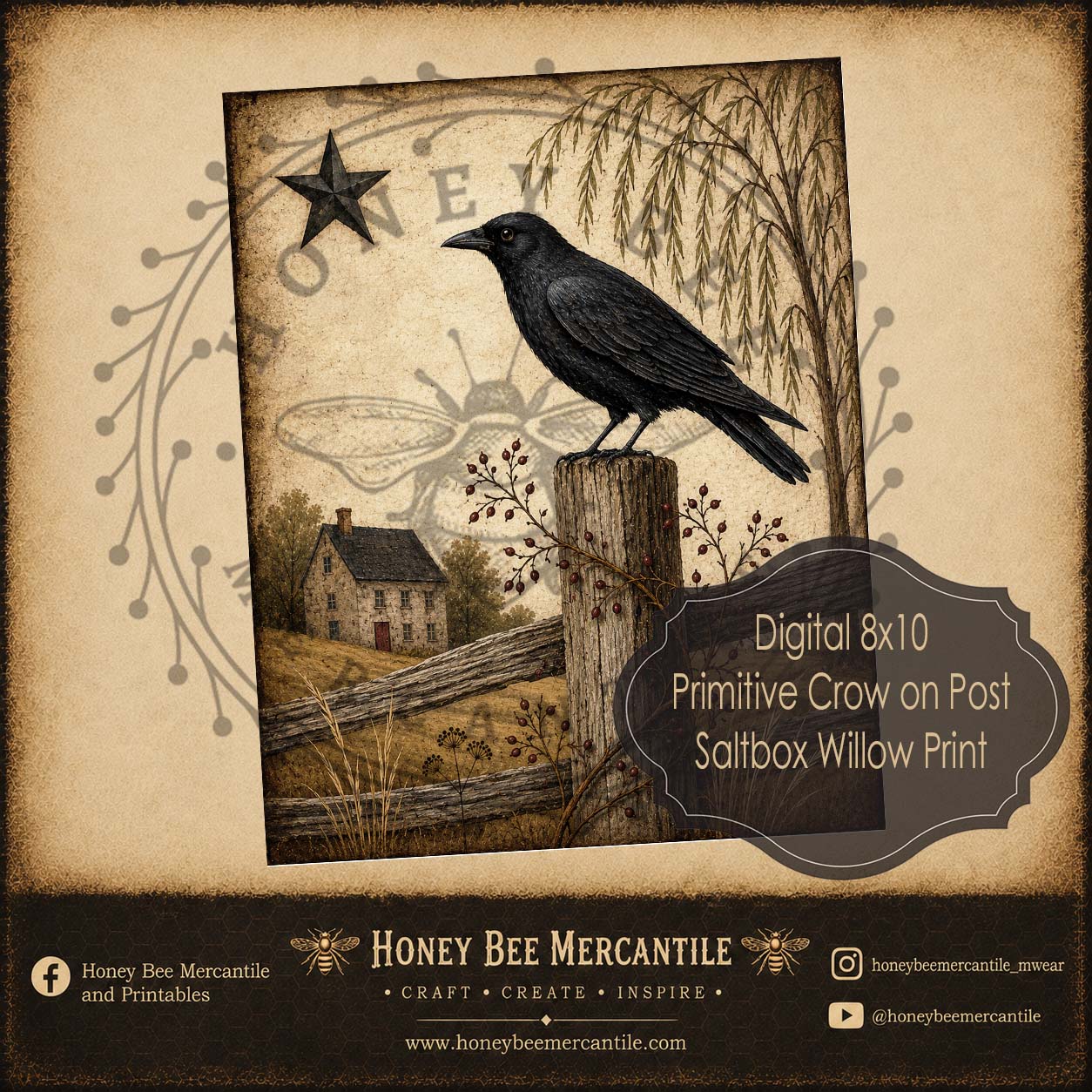 Primitive Crow on Post, Saltbox, Willow, 8x10 Print, Digital Download, Printable, Decoupage, Craft Supplies