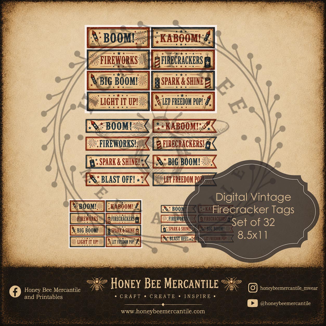 4th of July Fireworks Banner Tags, Set of 32 Digital , Printable, Decoupage, Vintage, Primitive