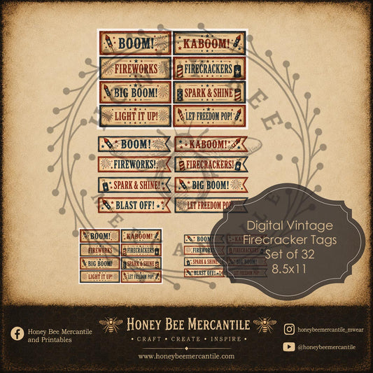 4th of July Fireworks Banner Tags, Set of 32 Digital , Printable, Decoupage, Vintage, Primitive