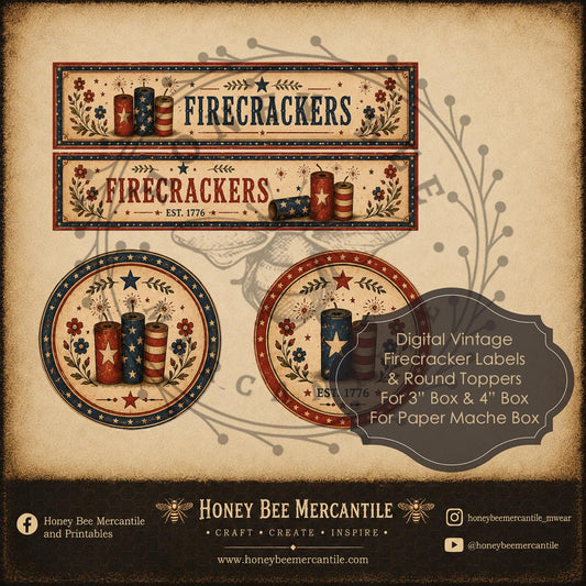 Folk Art 4th of July Fireworks Round Paper Mache Box Labels, Set of 2 Digital , Printable, Decoupage, Vintage, Primitive