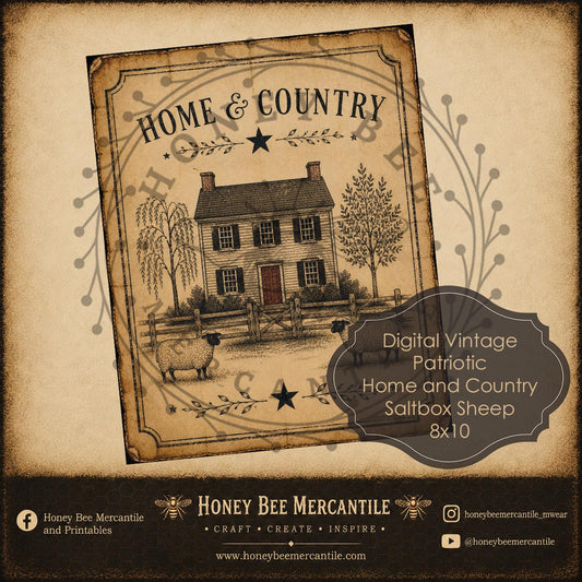 Home and Country, Saltbox and Sheep, 8x10, Digital Download, Printable, Decoupage, Vintage, Primitive