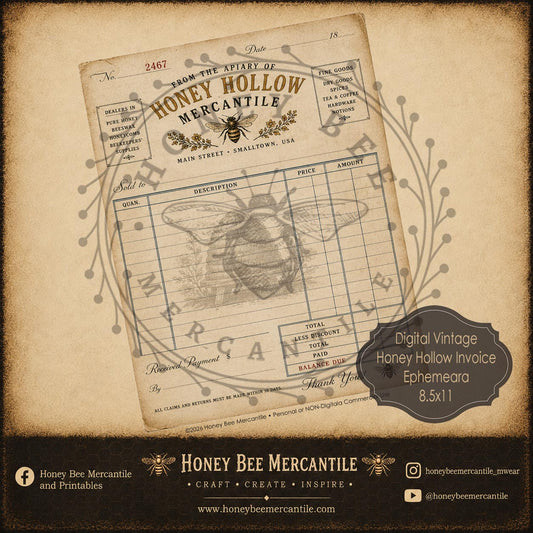 Honey Hollow Invoice, Ephemera, 8x10, Digital Download, Printable, Decoupage, Vintage, Primitive