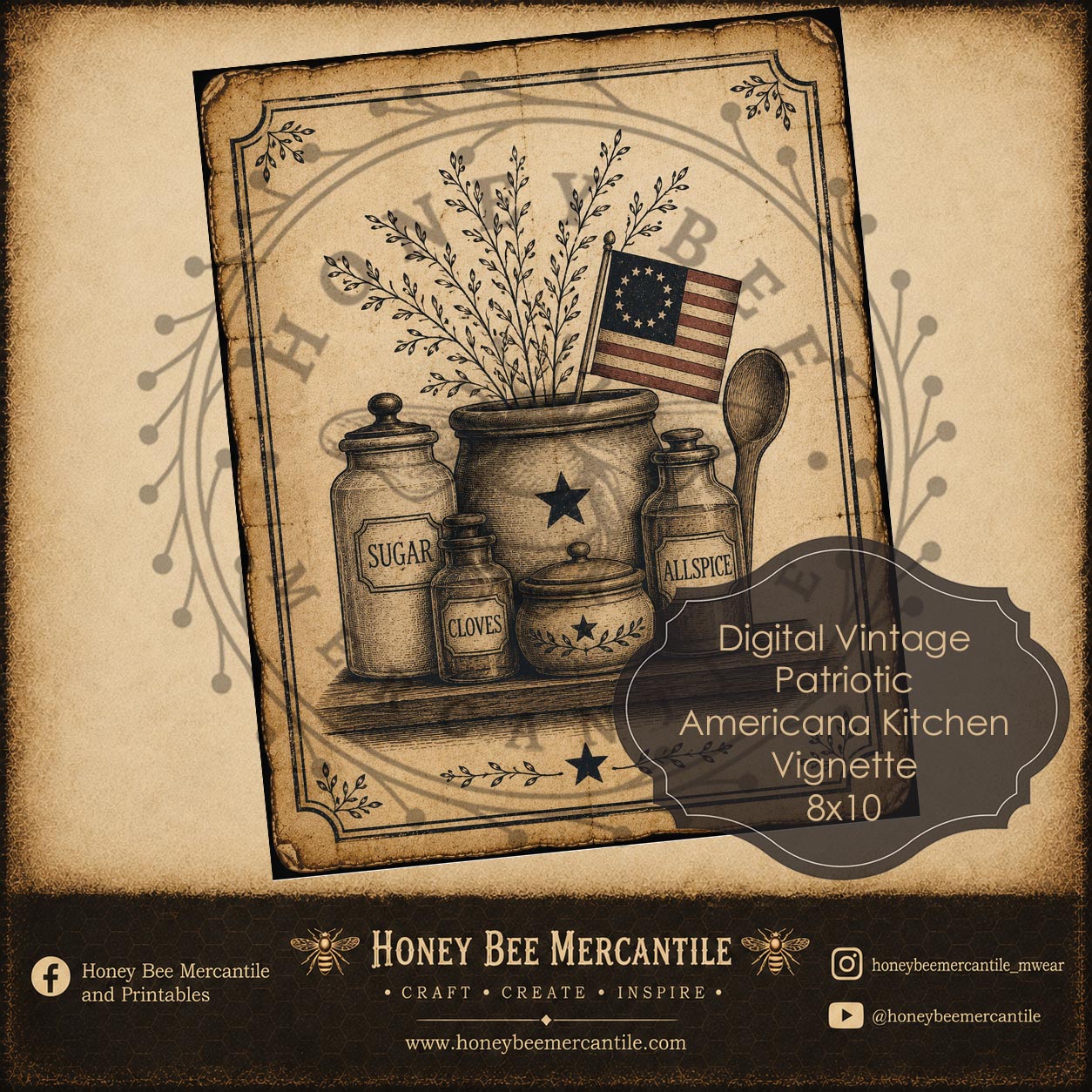 Patriotic Americana Kitchen Vignette, 8x10, Digital Download, Printable, Decoupage, Vintage, Primitive