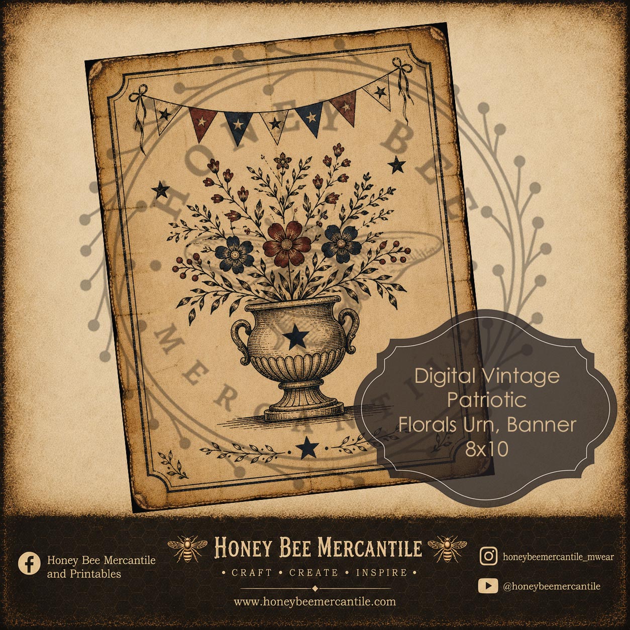 Patriotic Florals Urn Banner, 8x10, Digital Download, Printable, Decoupage, Vintage, Primitive