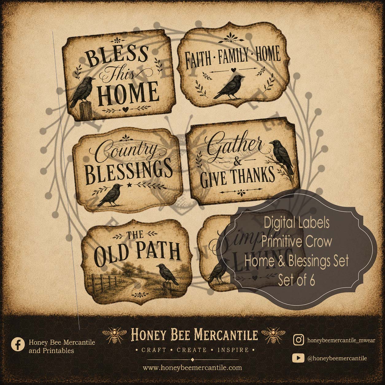 Primitive Crow, Home and Blessings Set of 6, Digital Download, Printable, Decoupage, Craft Supplies