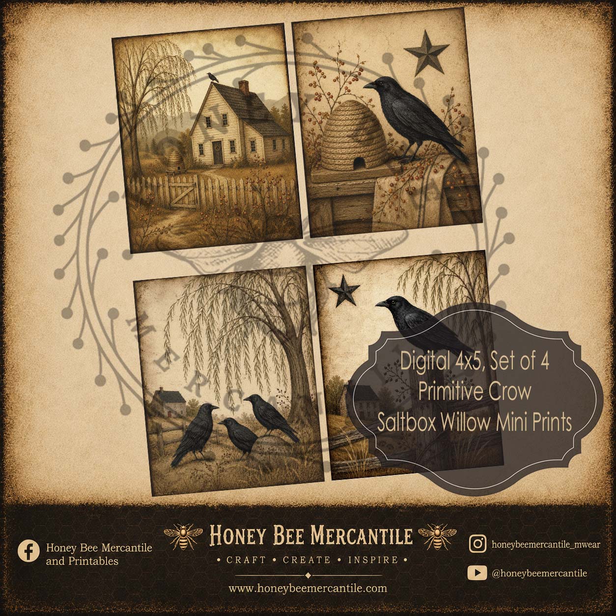 Primitive Crow, Saltbox, Willow, Mini Prints, Digital Download, Printable, Decoupage, Craft Supplies