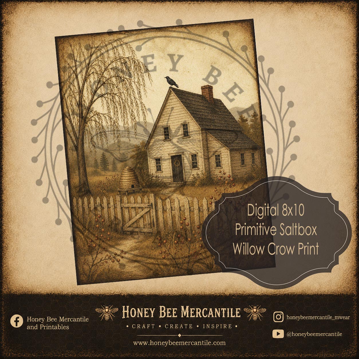 Primitive Saltbox, Willow, Crow, 8x10 Print, Digital Download, Printable, Decoupage, Craft Supplies
