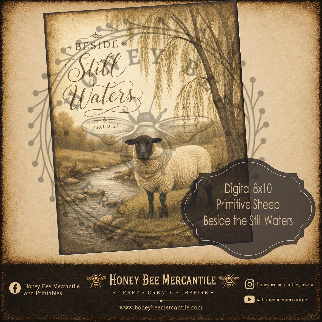 Primitive Sheep, Beside Still Waters, 8x10 Print, Digital Download, Printable, Decoupage, Craft Supplies