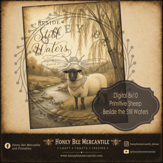 Primitive Sheep, Beside Still Waters, 8x10 Print, Digital Download, Printable, Decoupage, Craft Supplies