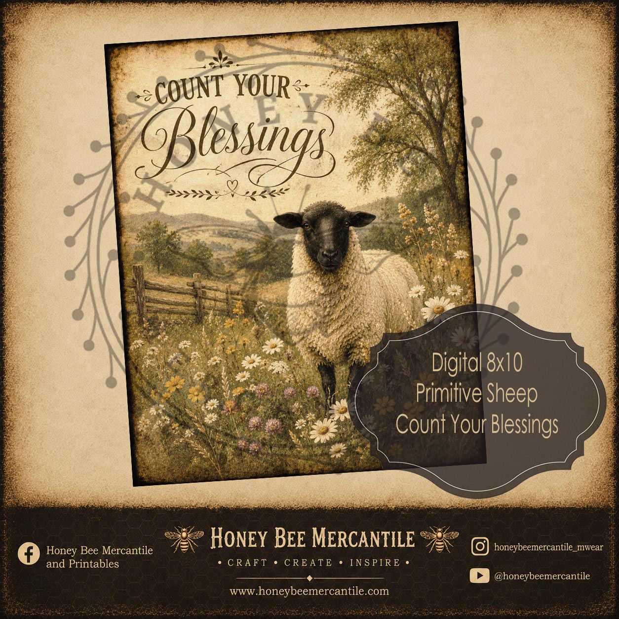 Primitive Sheep, Count Your Blessings, 8x10 Print, Digital Download, Printable, Decoupage, Craft Supplies