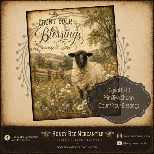 Primitive Sheep, Count Your Blessings, 8x10 Print, Digital Download, Printable, Decoupage, Craft Supplies