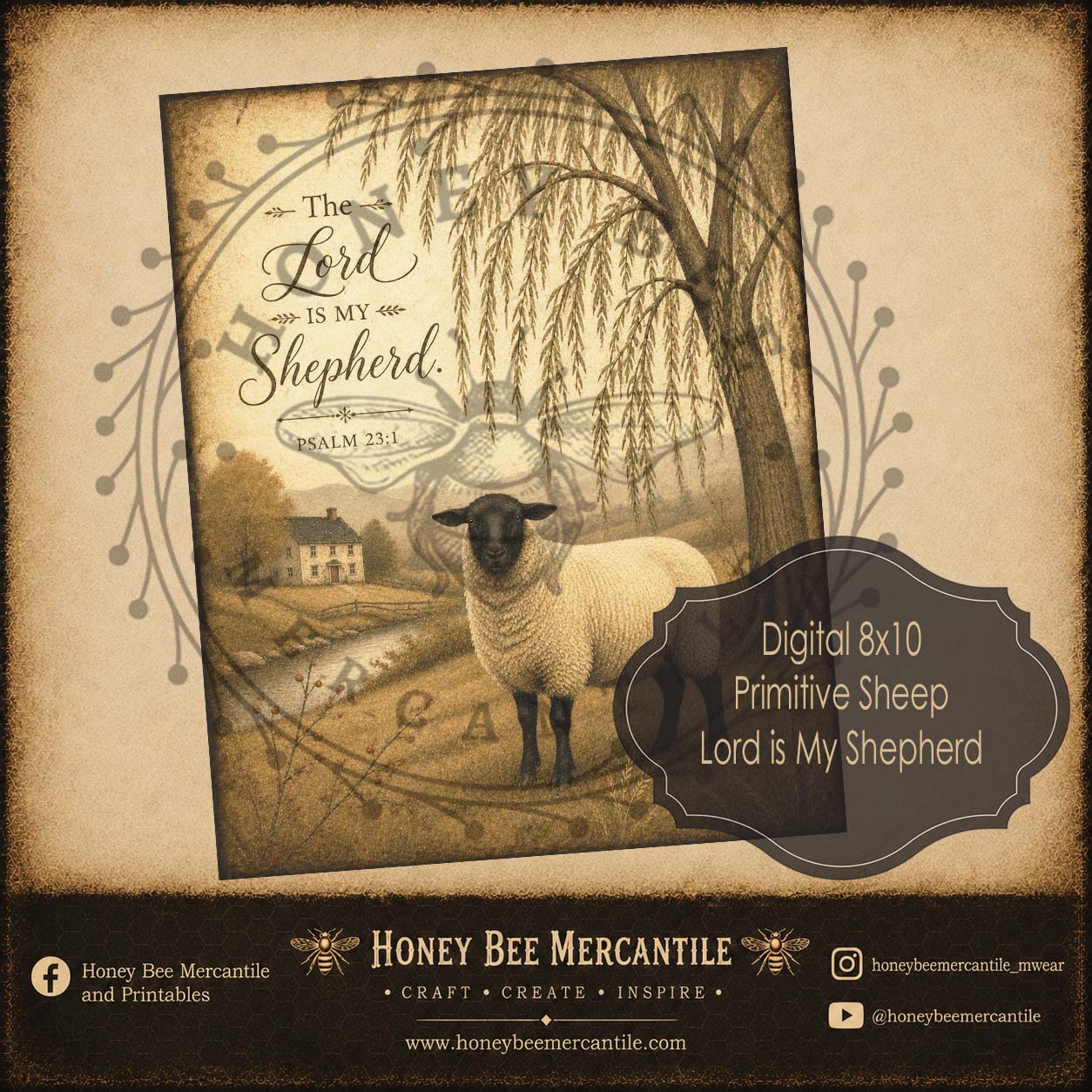 Primitive Sheep, The Lord Is My Shepherd, 8x10 Print, Digital Download, Printable, Decoupage, Craft Supplies
