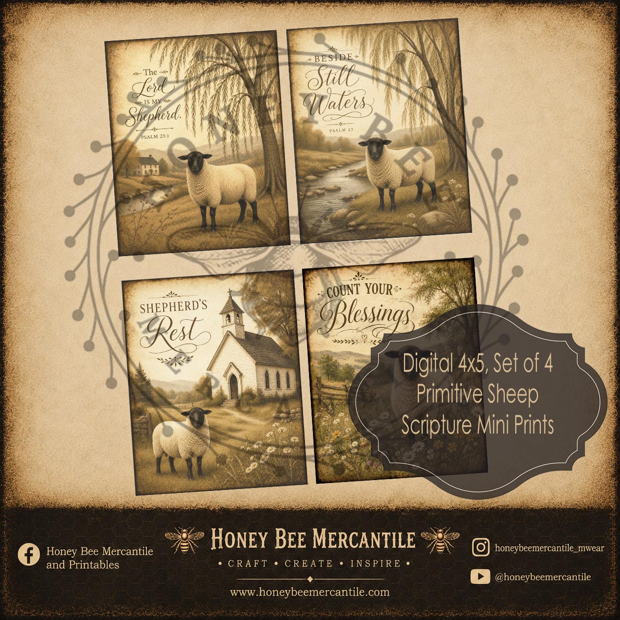 Primitive Sheep Scripture, Mini Prints, 4x5, Digital Download, Printable, Decoupage, Craft Supplies