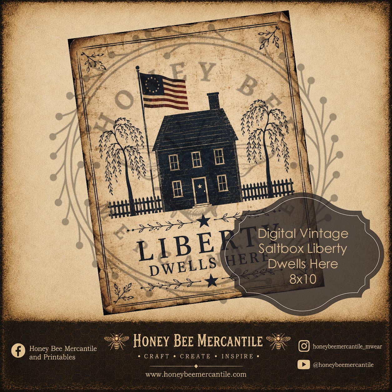 Saltbox Liberty Dwells Here, 8x10, Digital Download, Printable, Decoupage, Vintage, Primitive