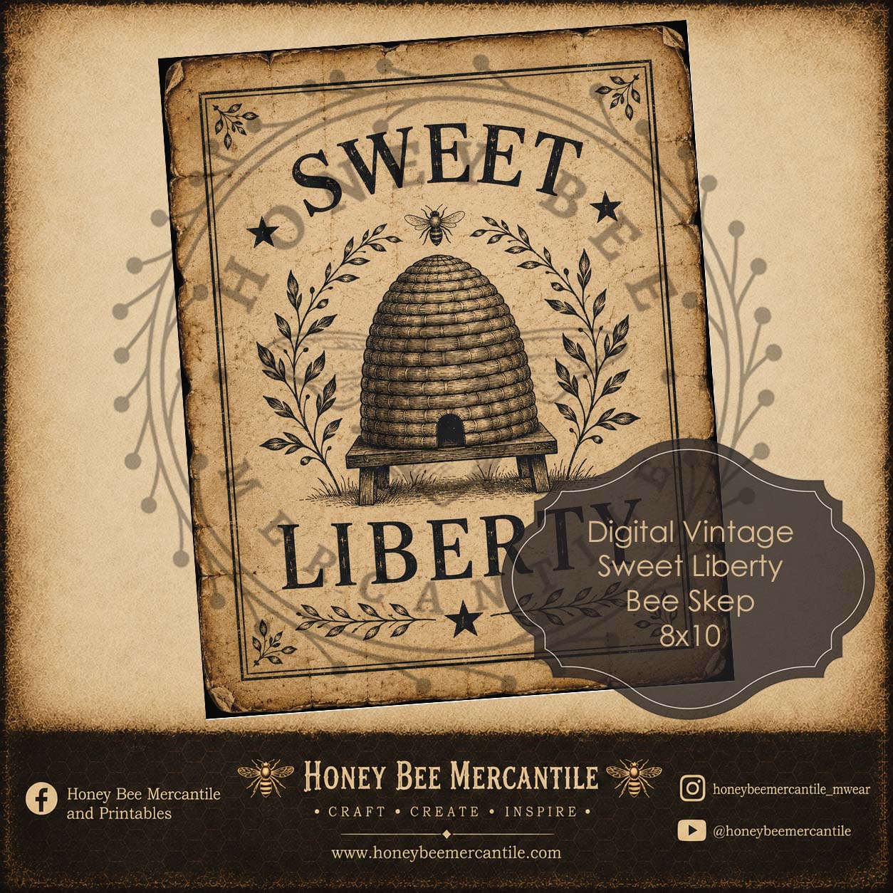Sweet Liberty Bee Skep, 8x10, Digital Download, Printable, Decoupage, Vintage, Primitive